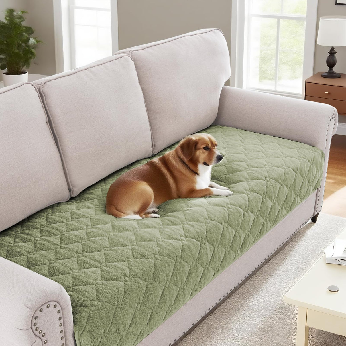 H.VERSAILTEX Couch Cover Chenille Pet Fuzzy Sofa Covers for 3 Cushion Couch Anti Slip Washable Sofa Slipcovers with Strap Soft Couch Protector Cover for Dogs Cats Kids(36" x 74",Khaki)