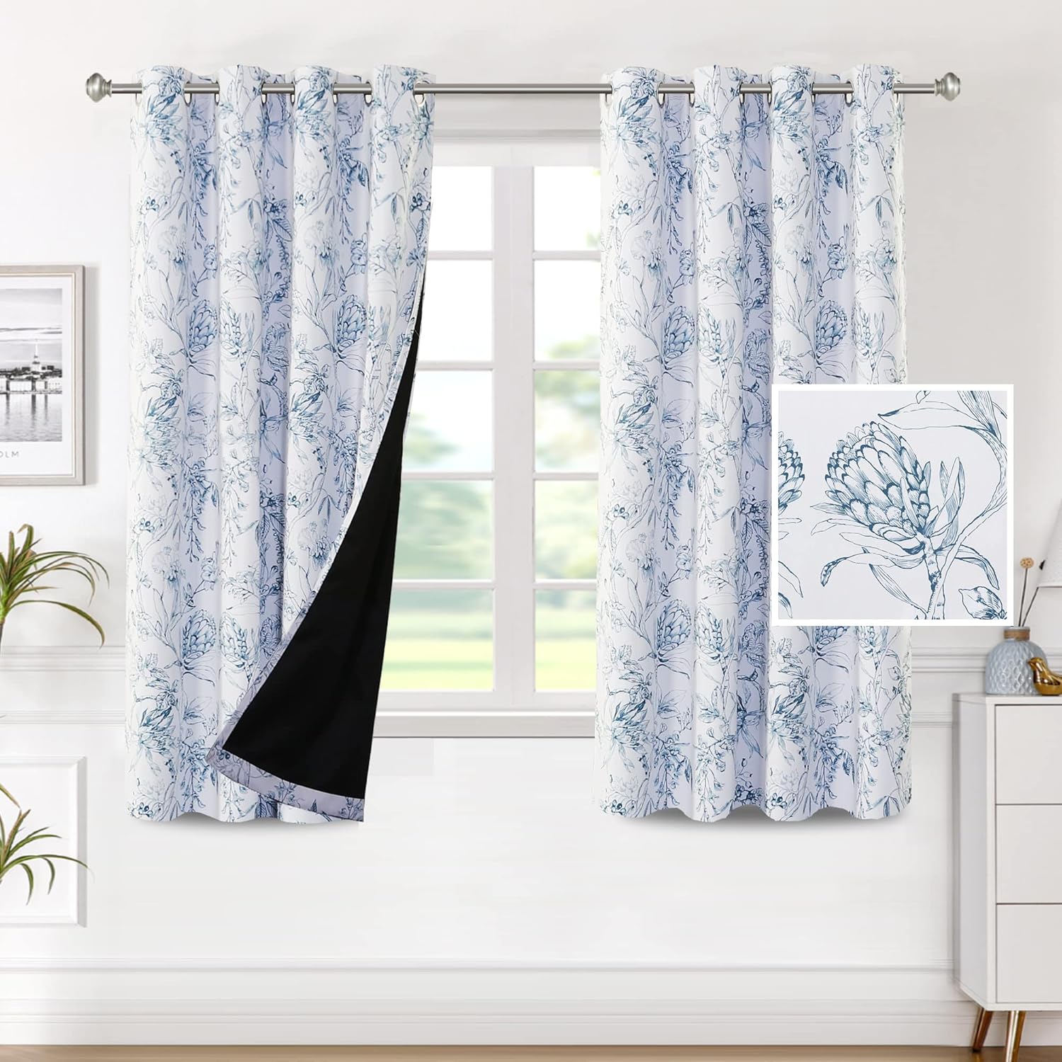 H.VERSAILTEX 100% Blackout Curtains for Living Room Camellia Floral Thermal Insulated Grommet Window Drapes 2 Panels