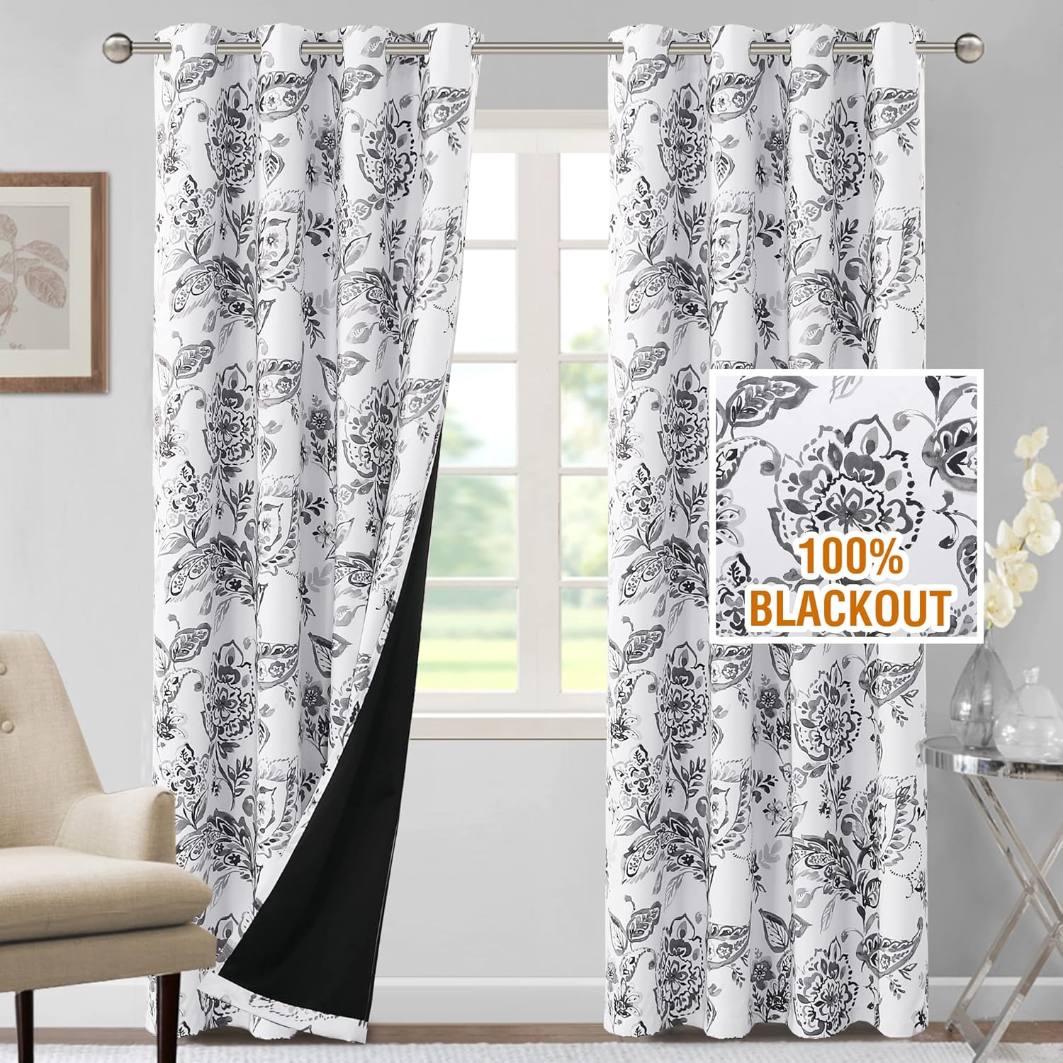 H.VERSAILTEX 100% Blackout Curtains for Living Room Camellia Floral Thermal Insulated Grommet Window Drapes 2 Panels