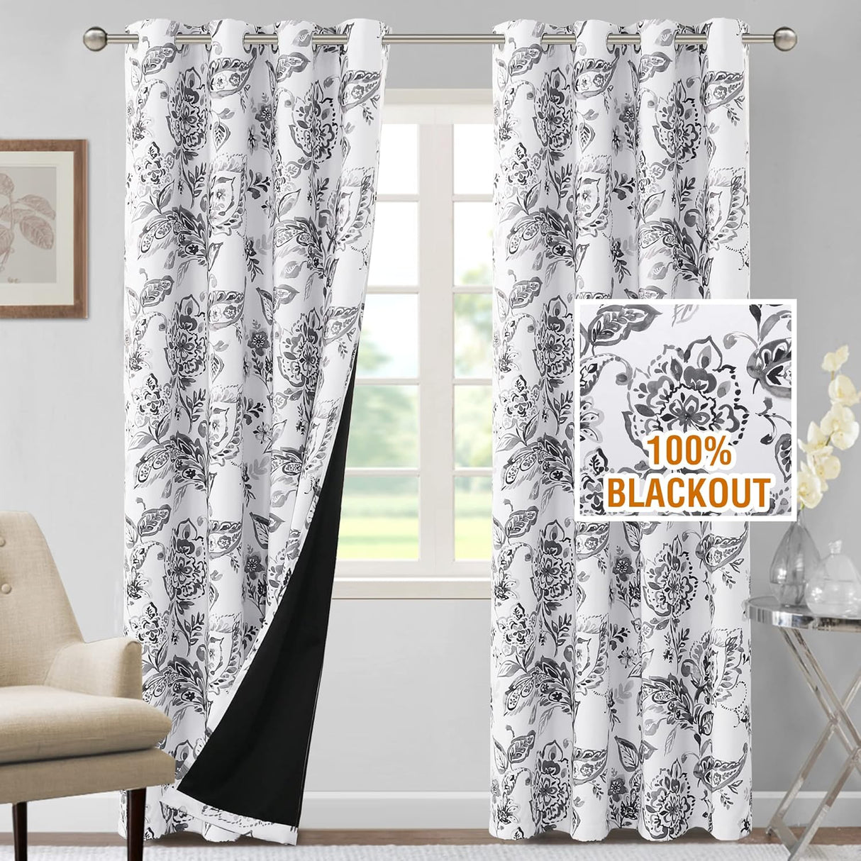 H.VERSAILTEX 100% Blackout Curtains for Living Room Camellia Floral Thermal Insulated Grommet Window Drapes 2 Panels