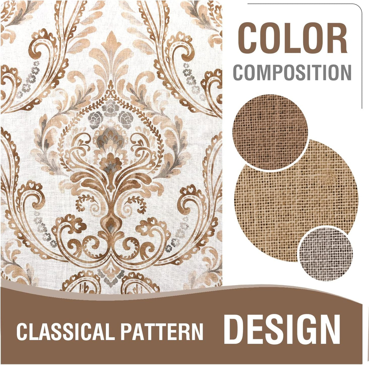 H.VERSAILTEX Farmhouse Floral Curtains for Living Room 84 Inch Length 2 Panles Set Summer Privacy Light Filtering Sheer Curtains Linen Style Drapes, Damask Printed Curtain, Taupe