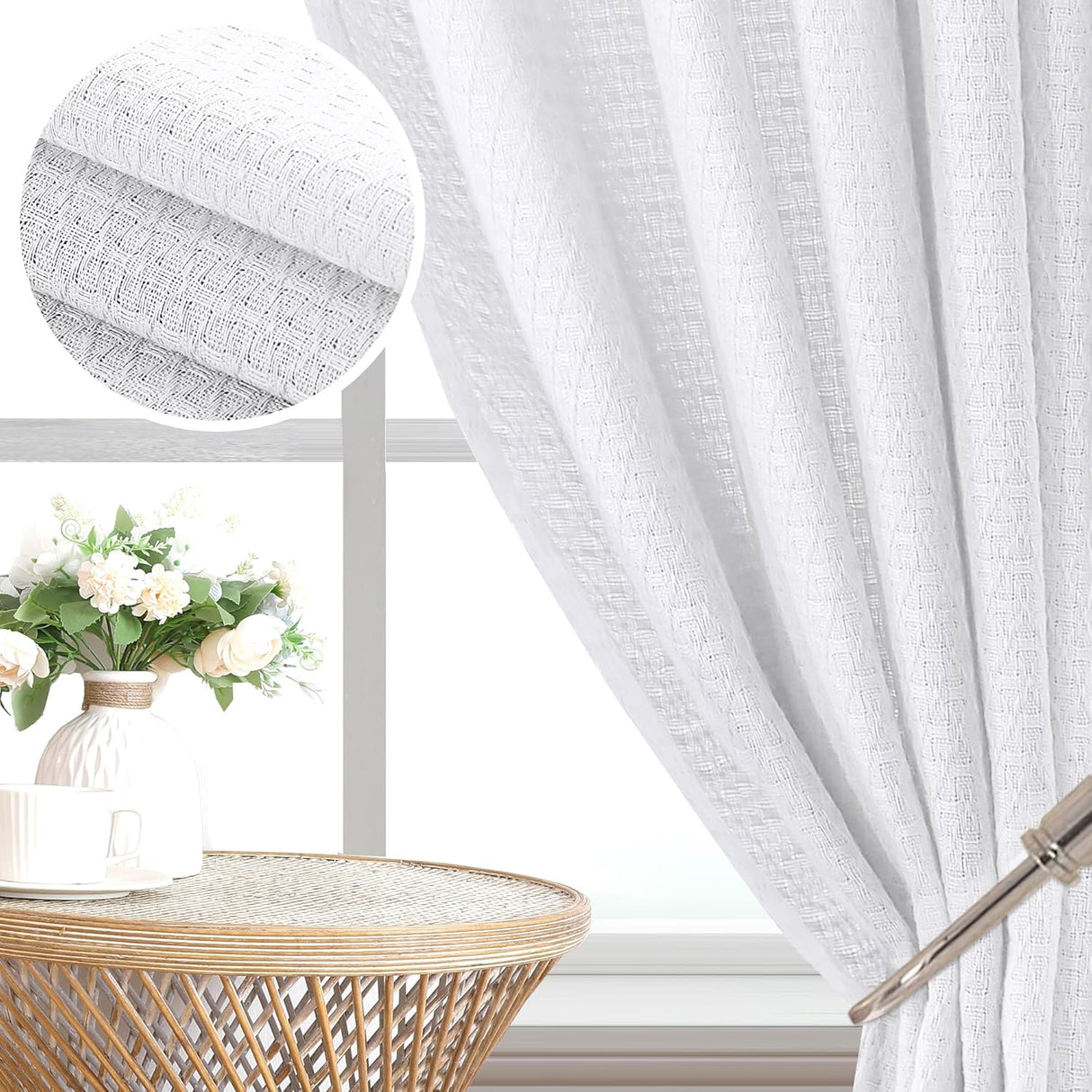 H.VERSAILTEX Boho Linen Curtains for Living Room Linen Textured Bedroom Curtain Light Filtering Back Tab, 52 x 84 inches Long, White, Set of 2 Panels