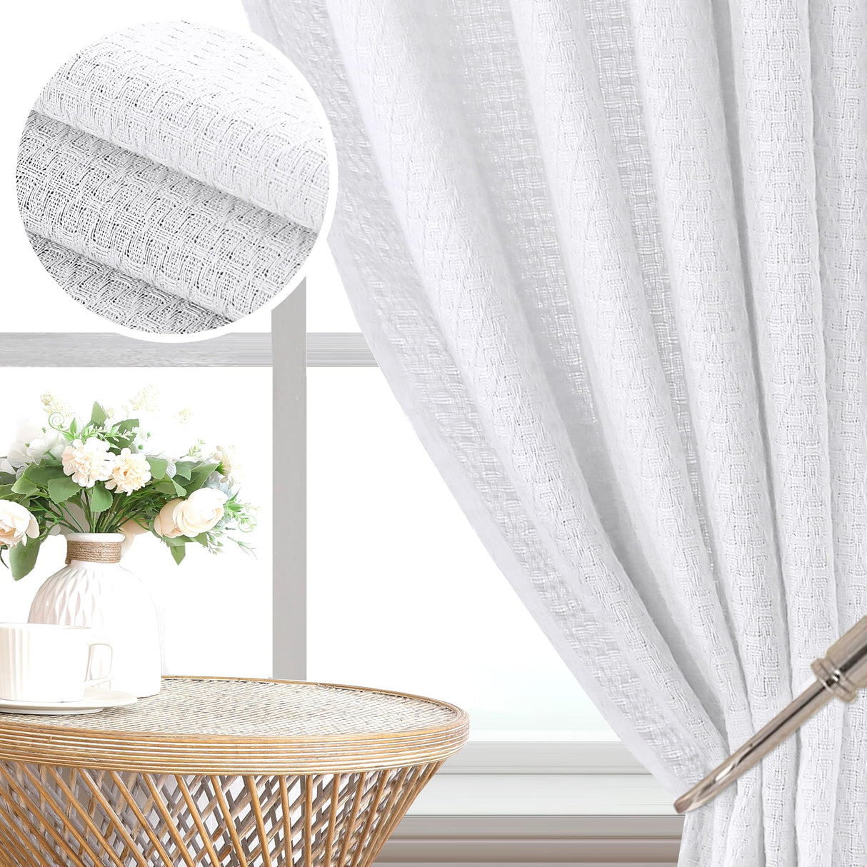 H.VERSAILTEX Boho Linen Curtains for Living Room Linen Textured Bedroom Curtain Light Filtering Back Tab, 52 x 84 inches Long, White, Set of 2 Panels