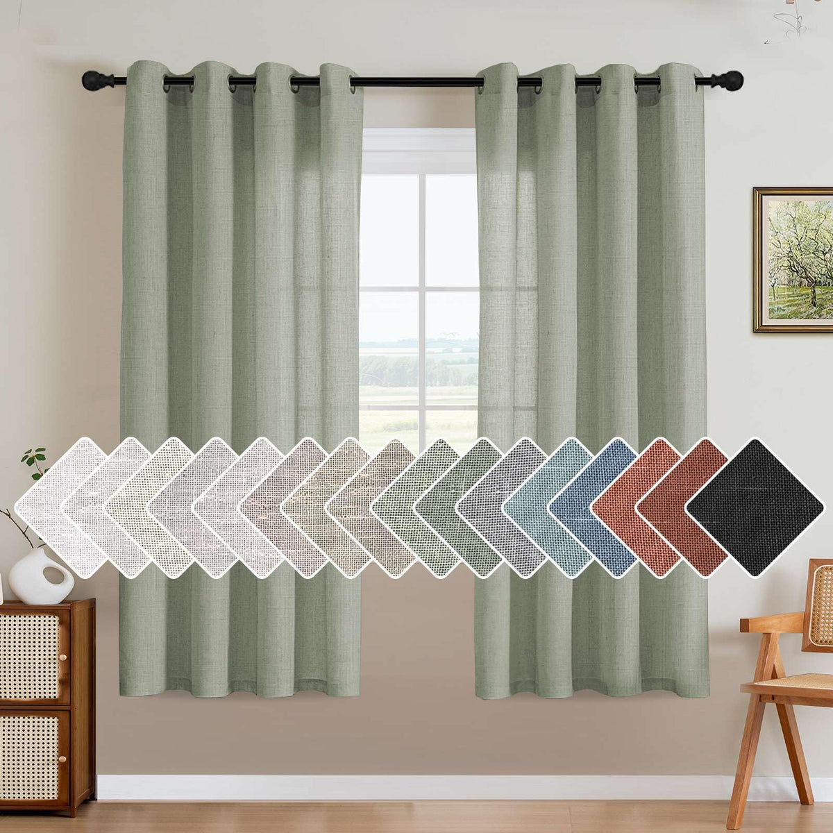 H.VERSAILTEX Natural Linen Curtains 63 inches Long for Living Room 2 Panels Back Tab Loop Pocket Textured Light Filtering Semi Sheer Curtains Rustic Farmhouse Boho Curtain for Bedroom, Sea Grass