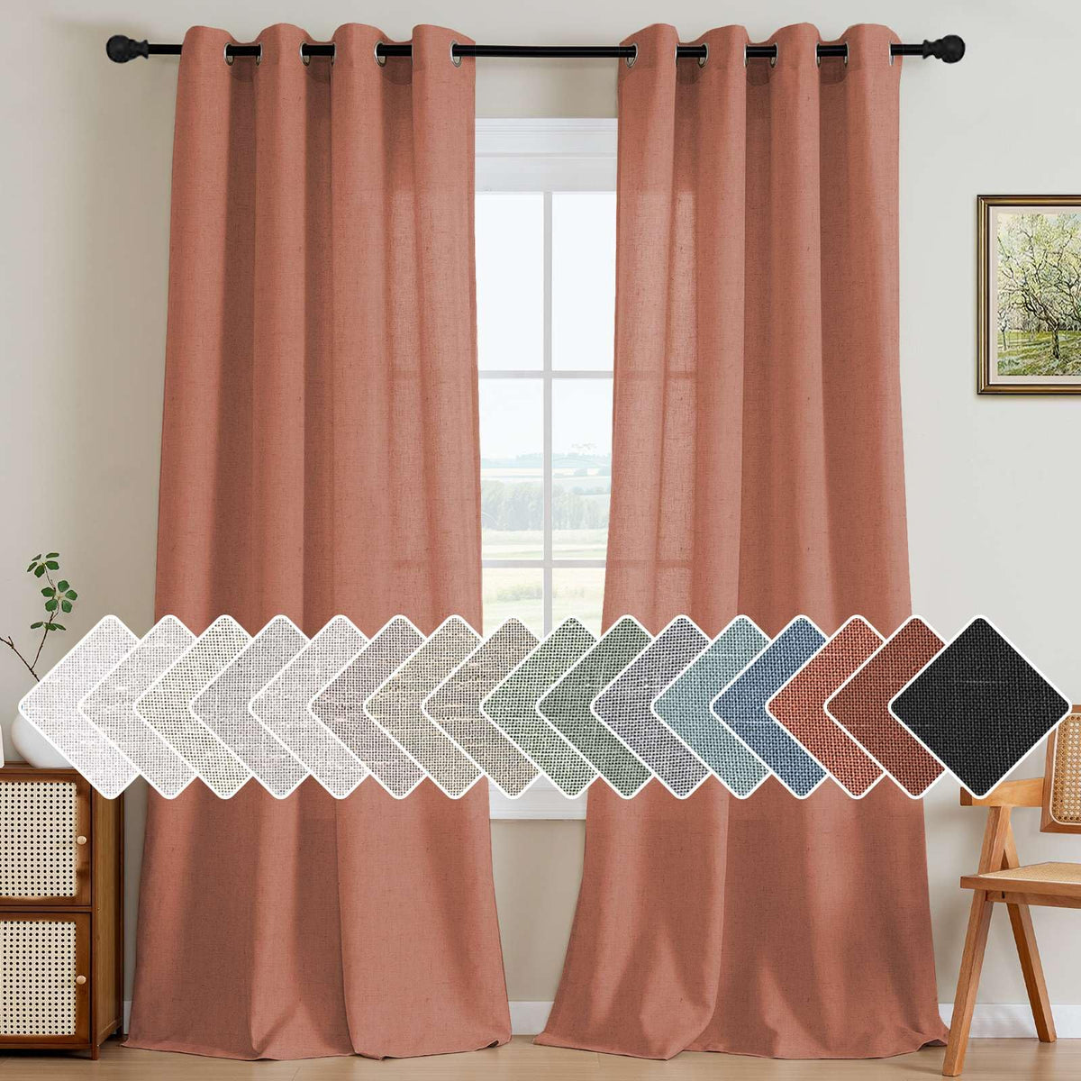 H.VERSAILTEX Natural Linen Curtains 63 inches Long for Living Room 2 Panels Back Tab Loop Pocket Textured Light Filtering Semi Sheer Curtains Rustic Farmhouse Boho Curtain for Bedroom, Sea Grass