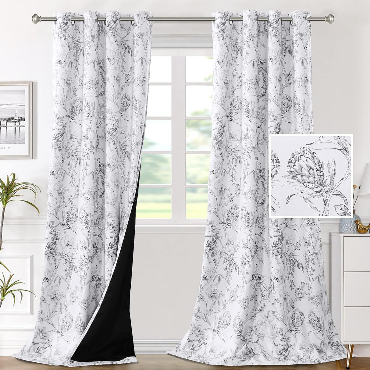 H.VERSAILTEX 100% Blackout Curtains for Living Room Camellia Floral Thermal Insulated Grommet Window Drapes 2 Panels