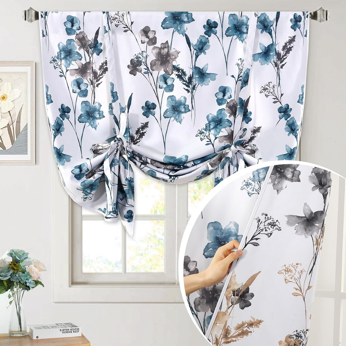 H.VERSAILTEX Tie Up Curtain Double Sided Cattleya Floral Printed Rod Pocket Balloon Roman Window Valance