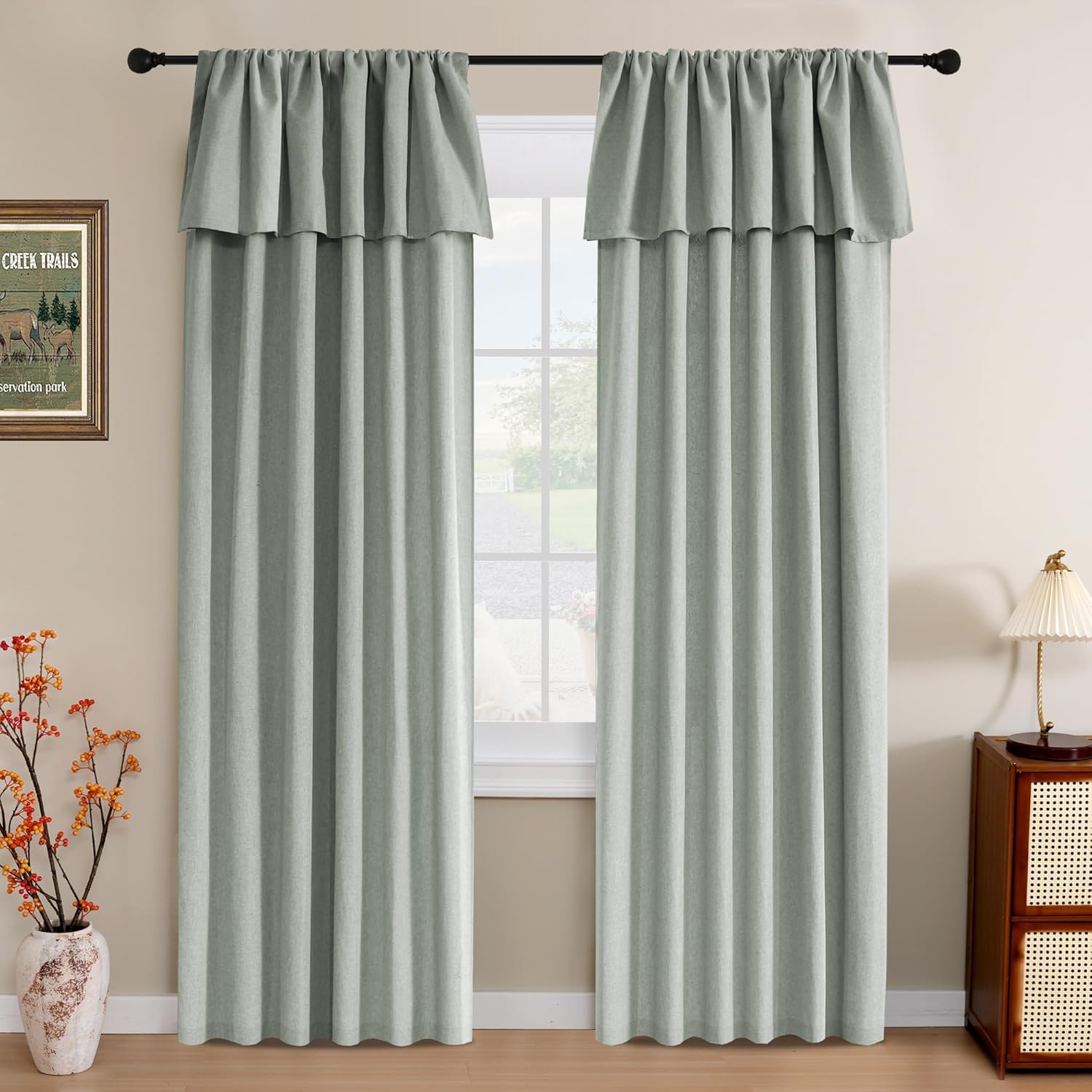H.VERSAILTEX Linen Curtains with Valance 84 Inch Long 2 Panels Farmhouse Boho Privacy Window Curtains for Living Room Bedroom Ring/Rod Pocket Privacy Light Filtering Drapes, 52x 84 Inch, Heather Sage