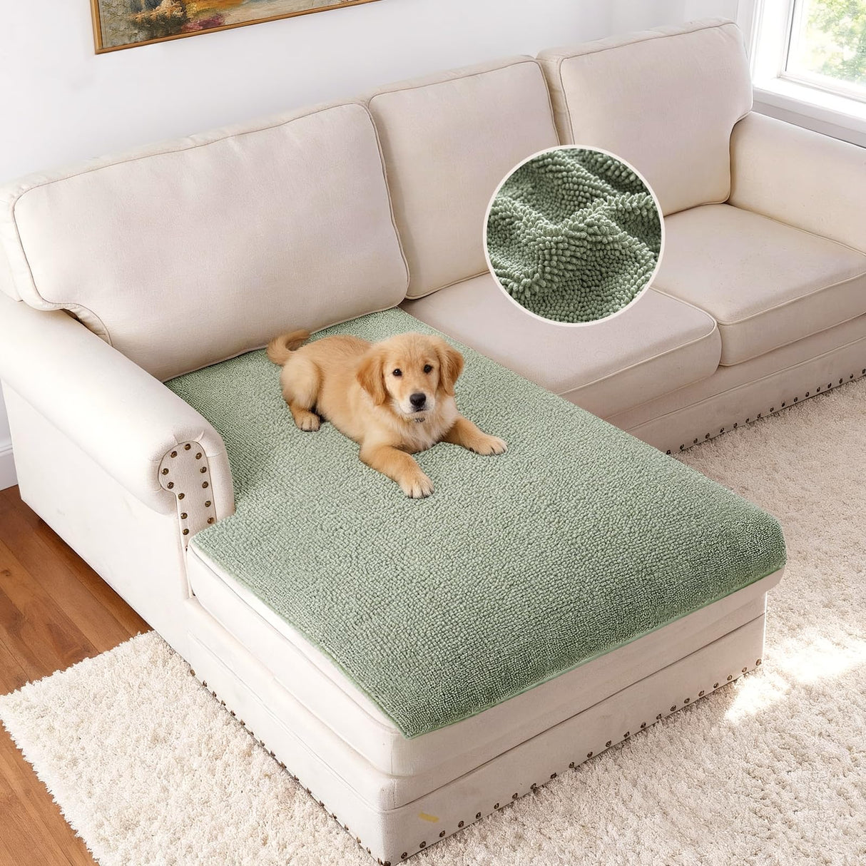 H.VERSAILTEX Non Slip Pet Couch Cover Chenille Dog Bed Protector Thick Soft Sofa Slipcover Pet Friendly Washable Couch Cushion Covers for Pets (30" x 53", Sage)