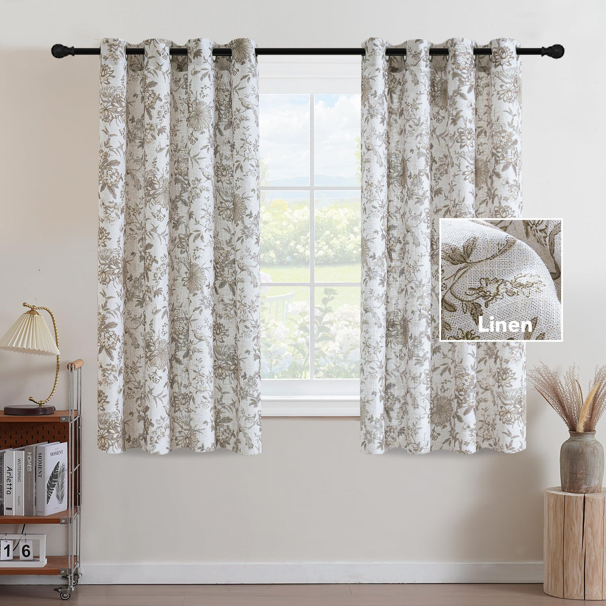 H.VERSAILTEX Linen Blend Curtains for Living Room Printed Floral Curtain Grommet Farmhouse Flower Patterned Drapes Window Treatment Panels Set of 2 Panels, 52" W x 84" L, Iberra Sesame - Taupe