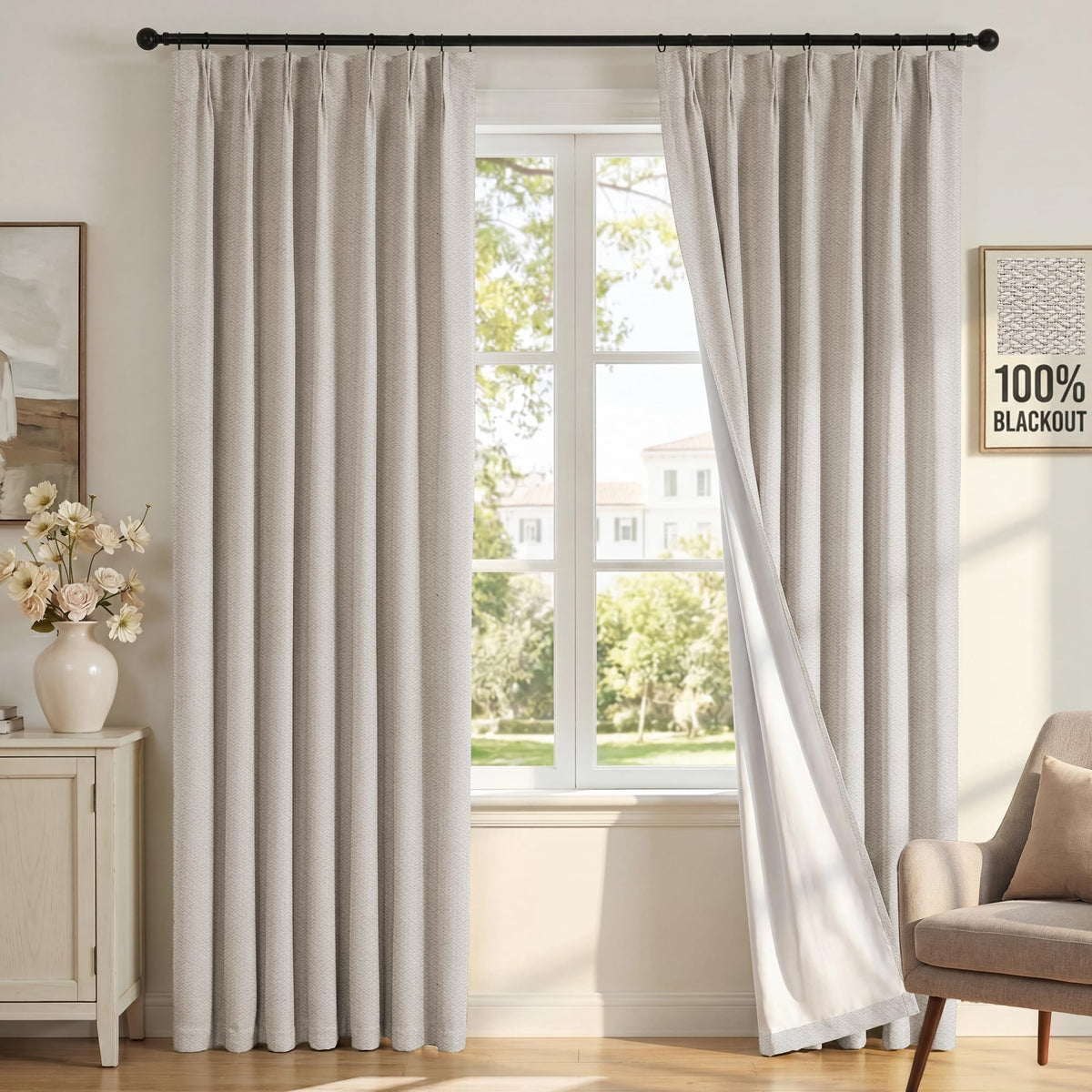 H.VERSAILTEX Ivory Pinch Pleated 100% Blackout Curtains 84 Inches Long