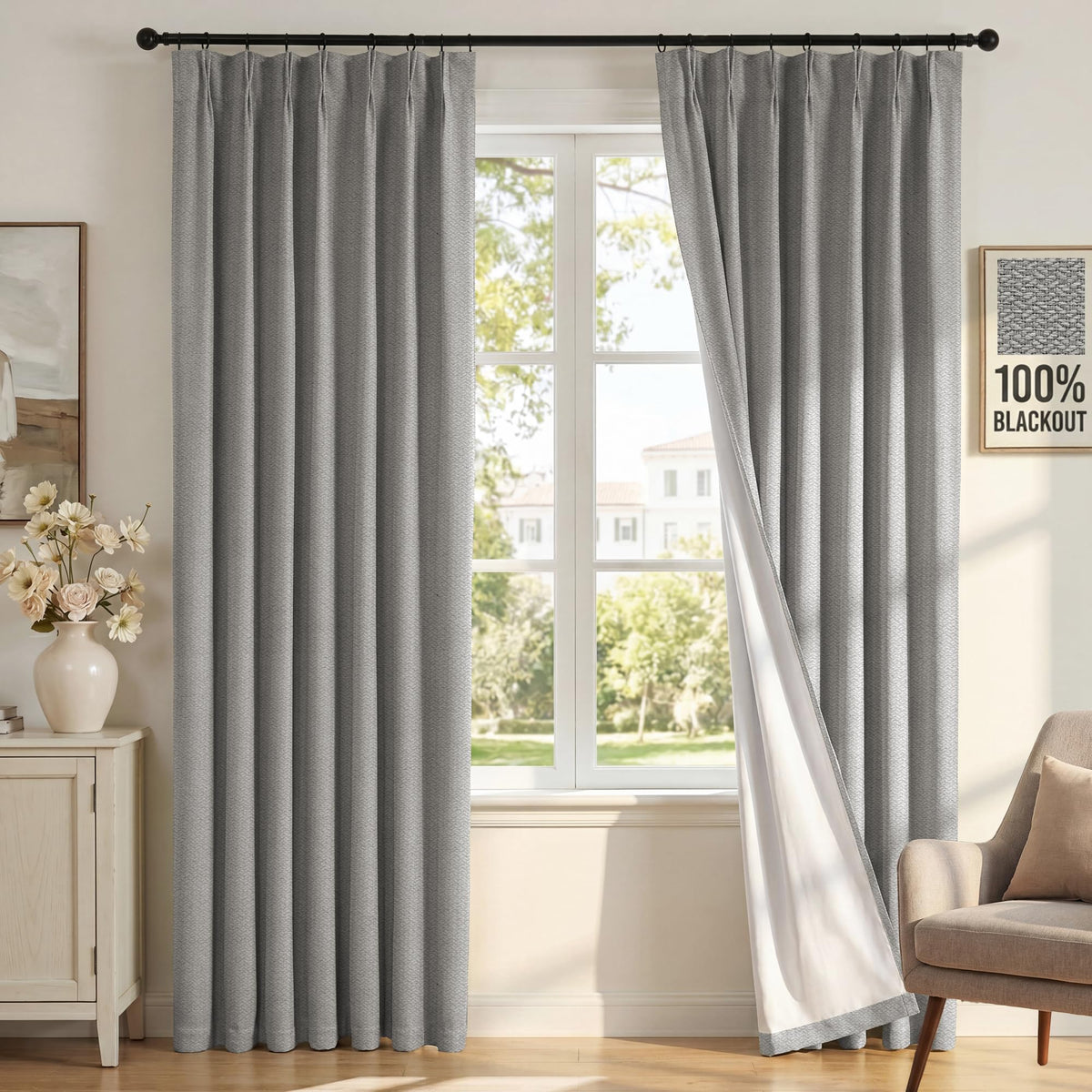 H.VERSAILTEX Ivory Pinch Pleated 100% Blackout Curtains 84 Inches Long