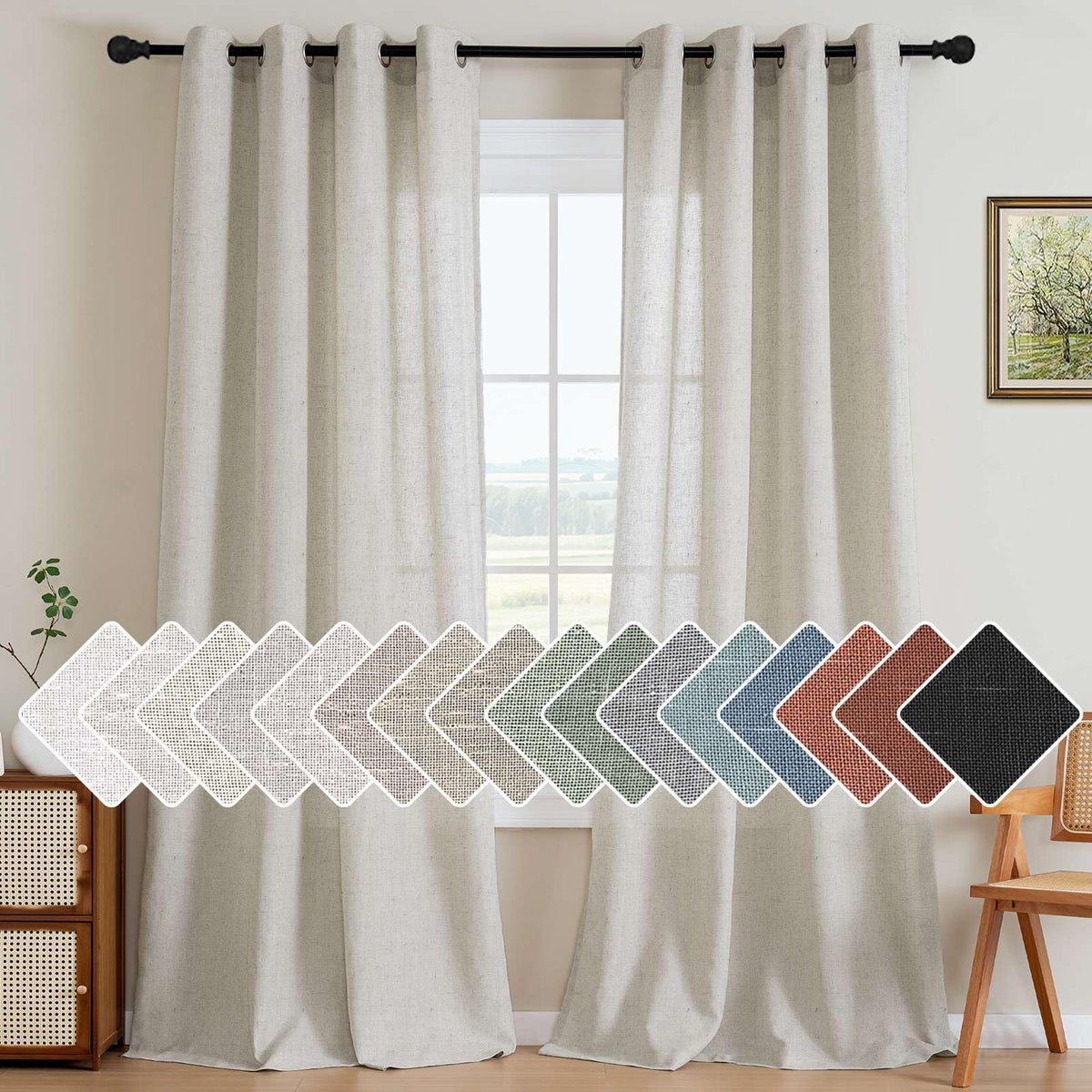 H.VERSAILTEX Natural Linen Curtains 63 inches Long for Living Room 2 Panels Back Tab Loop Pocket Textured Light Filtering Semi Sheer Curtains Rustic Farmhouse Boho Curtain for Bedroom, Sea Grass