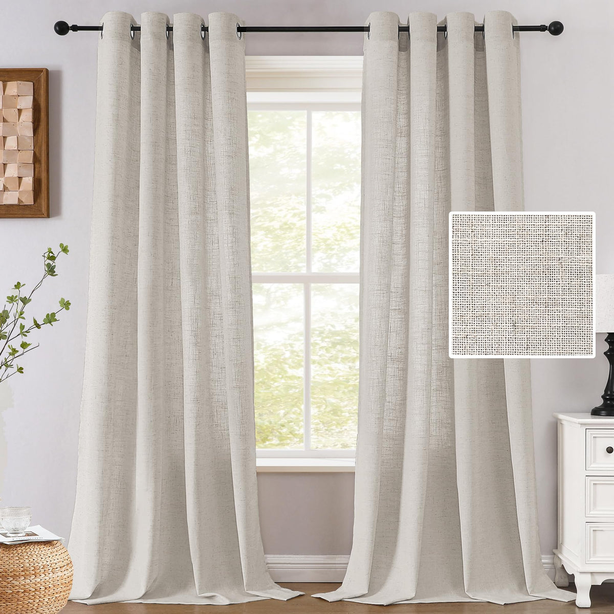 H.VERSAILTEX Light Filtering Linen Curtains 84 Inch for Bedroom, Pale Oak