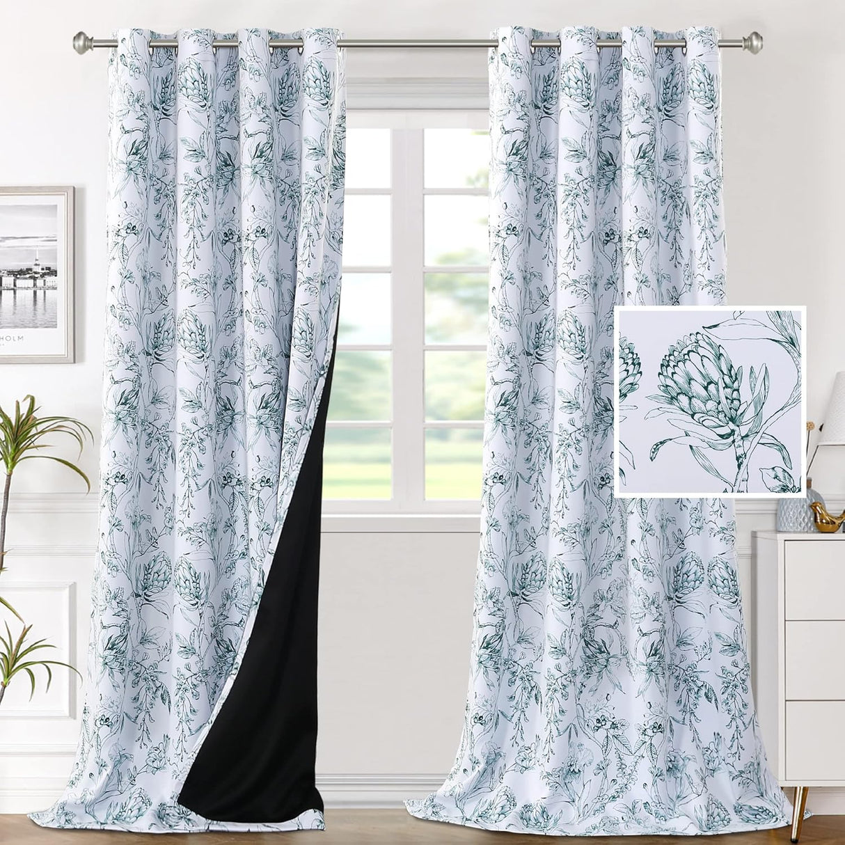 H.VERSAILTEX 100% Blackout Curtains for Living Room Camellia Floral Thermal Insulated Grommet Window Drapes 2 Panels