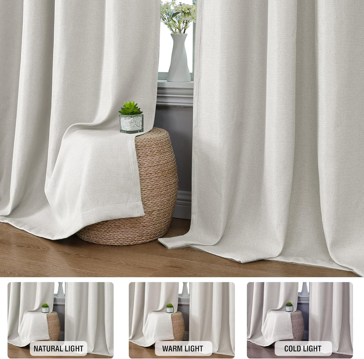 H.VERSAILTEX Farmhouse Boho Curtains for Living Room, 90% Blackout Drapes for Bedroom Energy Efficient, 96 Inch Long Windows Grommet Curtains, Burlap Textured 2 Panels, W52 x L96in, Heather Ivory