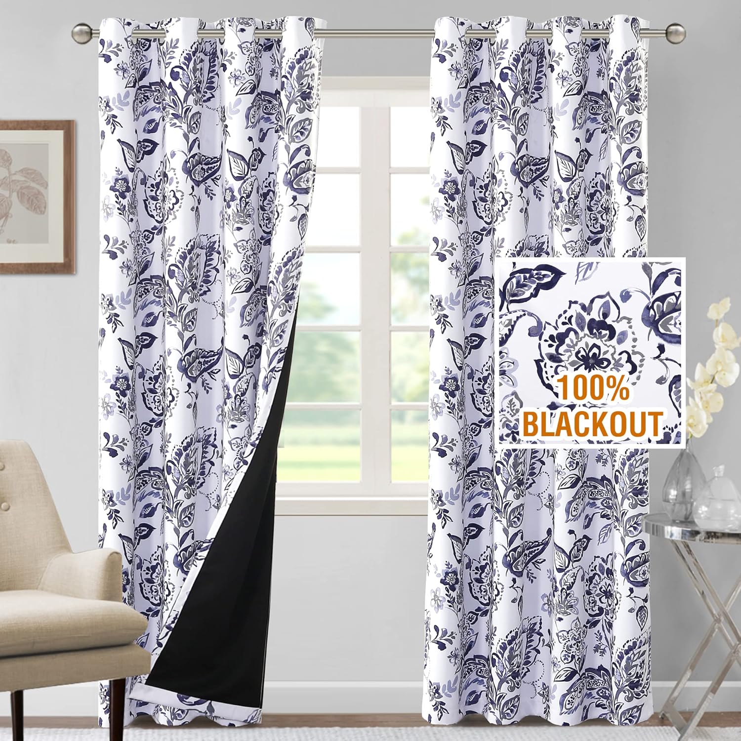 H.VERSAILTEX 100% Blackout Curtains for Living Room Camellia Floral Thermal Insulated Grommet Window Drapes 2 Panels