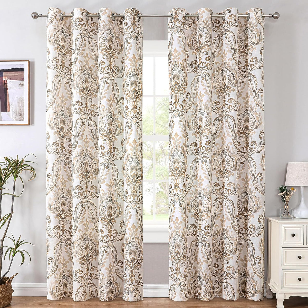 H.VERSAILTEX Farmhouse Floral Curtains for Living Room 84 Inch Length 2 Panles Set Summer Privacy Light Filtering Sheer Curtains Linen Style Drapes, Damask Printed Curtain, Taupe