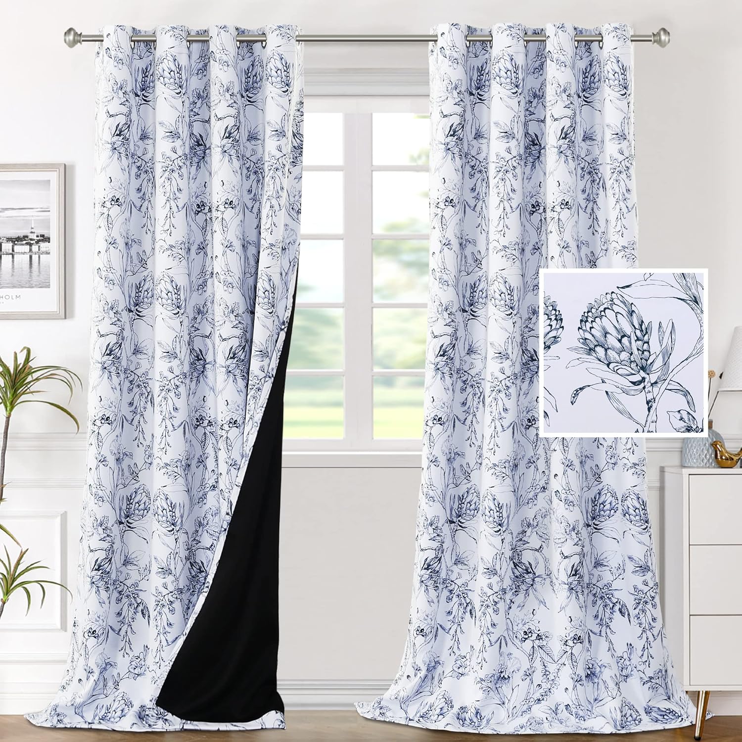 H.VERSAILTEX 100% Blackout Curtains for Living Room Camellia Floral Thermal Insulated Grommet Window Drapes 2 Panels