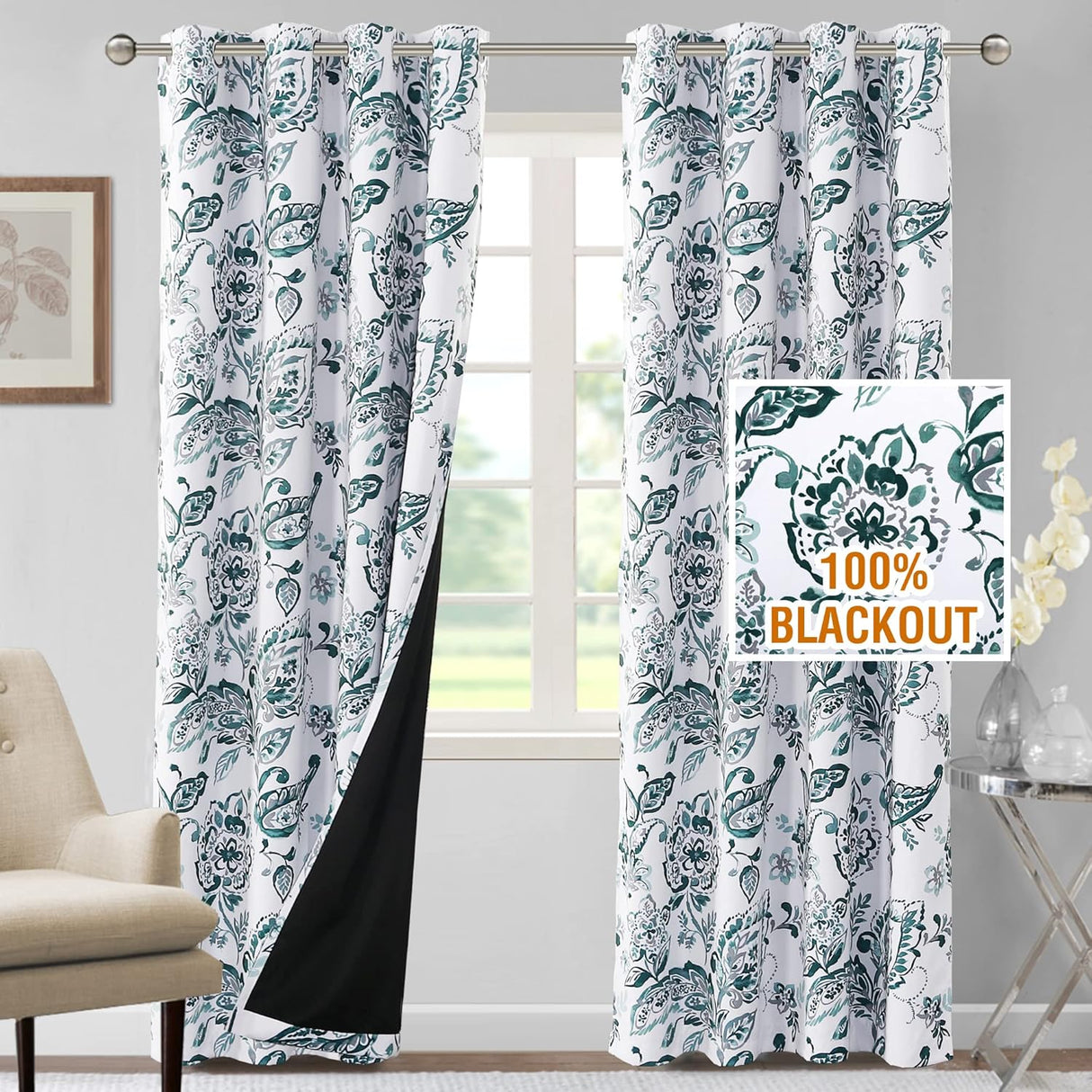 H.VERSAILTEX 100% Blackout Curtains for Living Room Camellia Floral Thermal Insulated Grommet Window Drapes 2 Panels