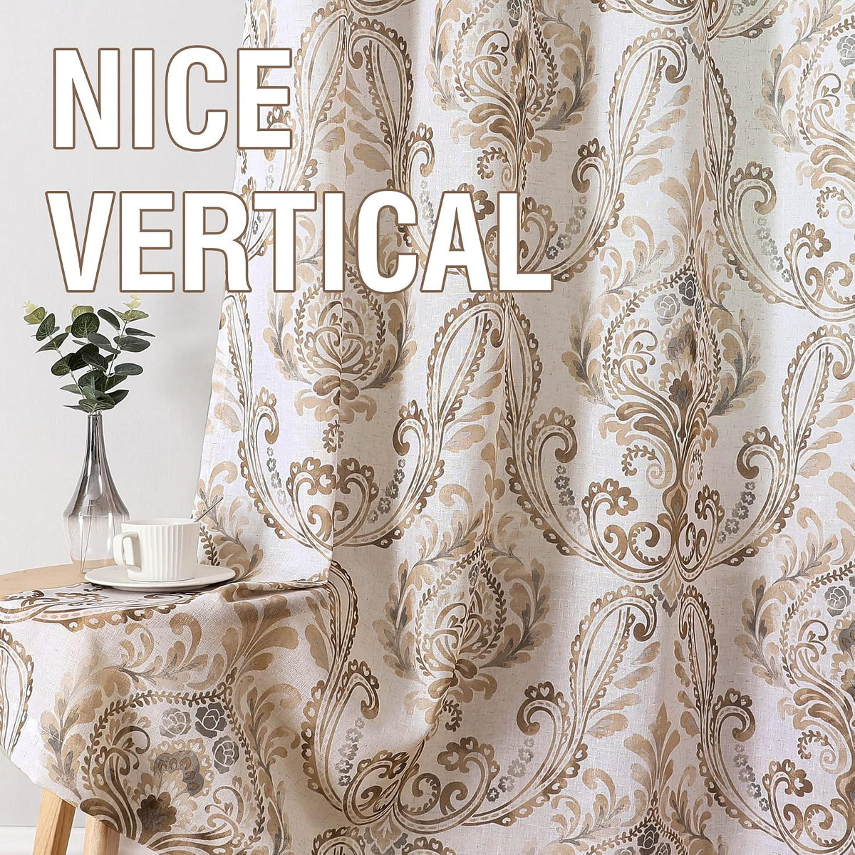 H.VERSAILTEX Farmhouse Floral Curtains for Living Room 84 Inch Length 2 Panles Set Summer Privacy Light Filtering Sheer Curtains Linen Style Drapes, Damask Printed Curtain, Taupe