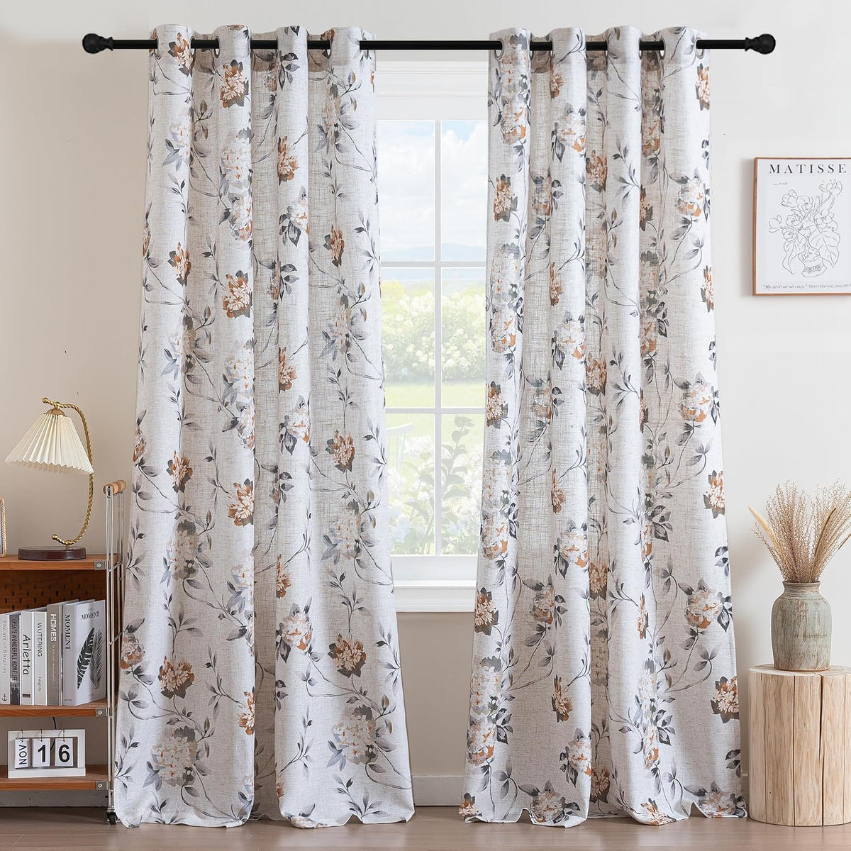 H.VERSAILTEX Linen Blend Curtains for Living Room Printed Floral Curtain Grommet Farmhouse Flower Patterned Drapes Window Treatment Panels Set of 2 Panels, 52" W x 84" L, Belinna Floral - Orange