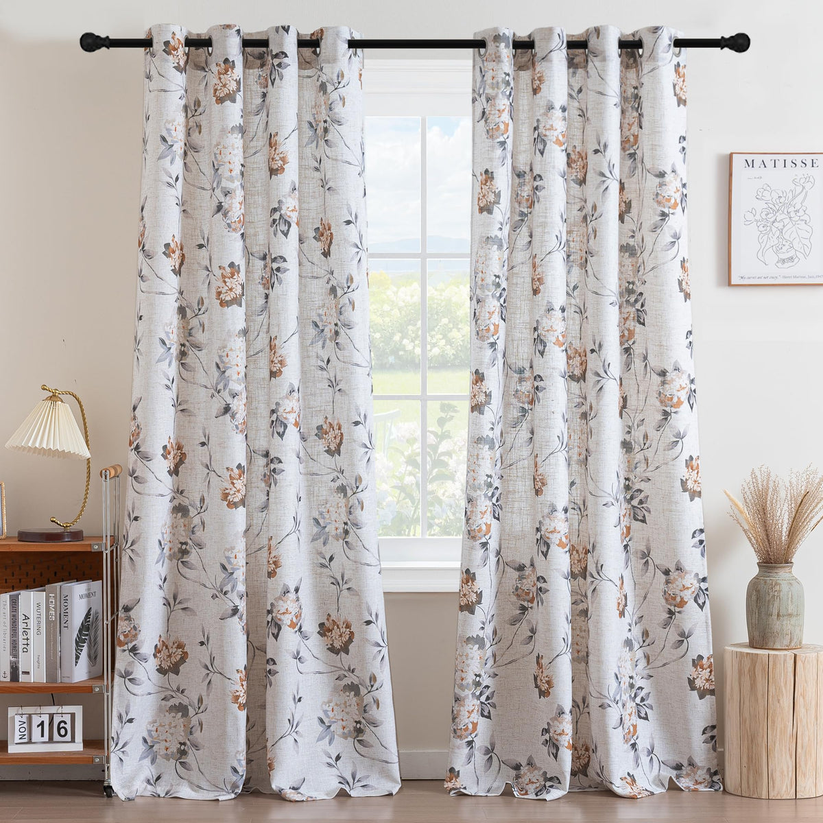 H.VERSAILTEX Linen Blend Curtains for Living Room Printed Floral Curtain Grommet Farmhouse Flower Patterned Drapes Window Treatment Panels Set of 2 Panels, 52" W x 84" L, Iberra Sesame - Taupe