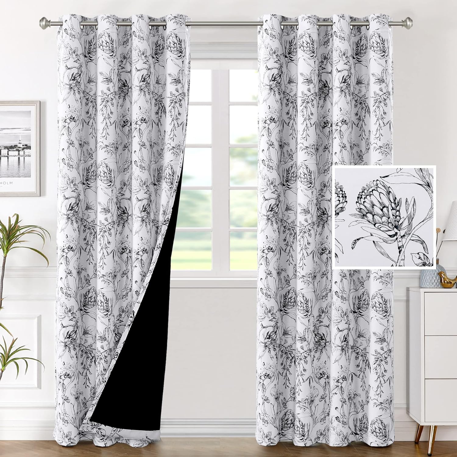 H.VERSAILTEX 100% Blackout Curtains for Living Room Camellia Floral Thermal Insulated Grommet Window Drapes 2 Panels