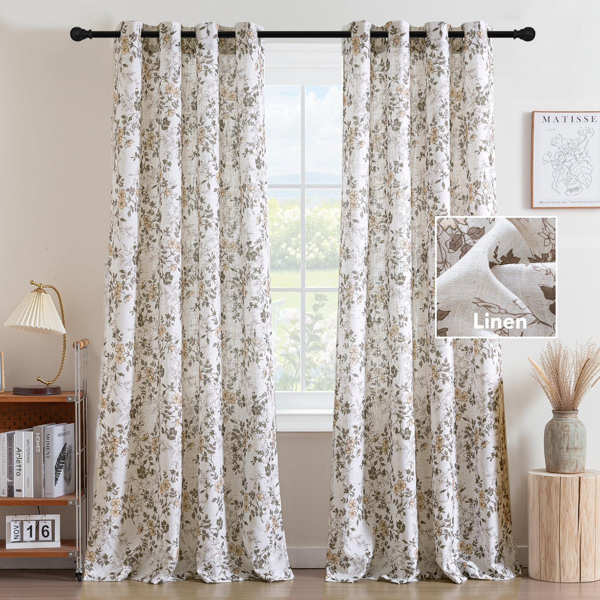 H.VERSAILTEX Linen Blend Curtains for Living Room Printed Floral Curtain Grommet Farmhouse Flower Patterned Drapes Window Treatment Panels Set of 2 Panels, 52" W x 84" L, Iberra Sesame - Taupe