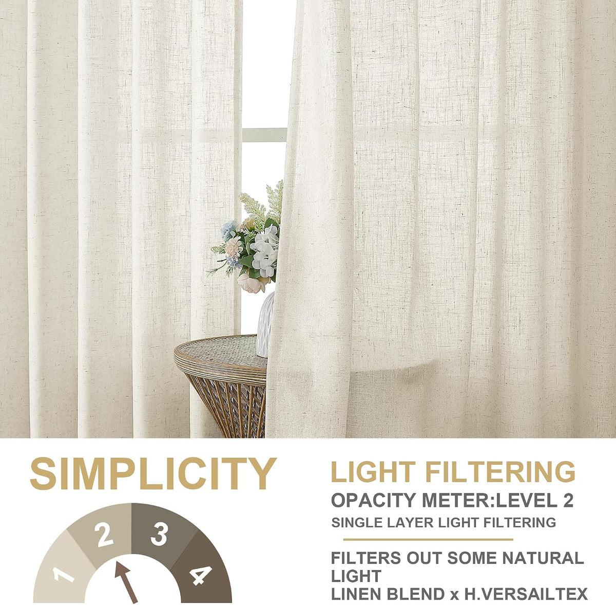 H.VERSAILTEX Linen Semi-Sheer Curtains 84 Inch for Living Room, Ivory