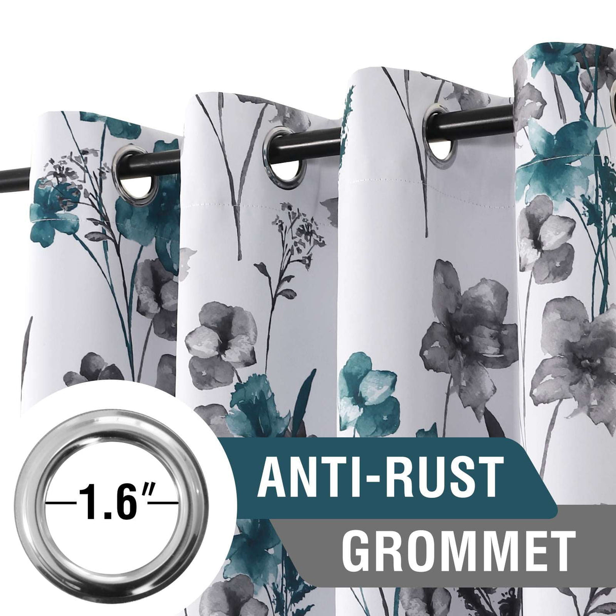 H.VERSAILTEX 100% Blackout Curtains Cattleya Floral Printed Drapes Leah Floral Thermal Bedroom Curtains for Living room with Black Liner 2 Panels,52" x 96",Grey/Teal