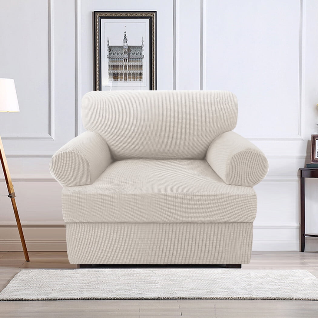 H.VERSAILTEX 4 Pieces Checkerboard Slipcovers Stretch with 3 Individual T Cushion Covers for Living Room(3 Cushion Sofa, Taupe)