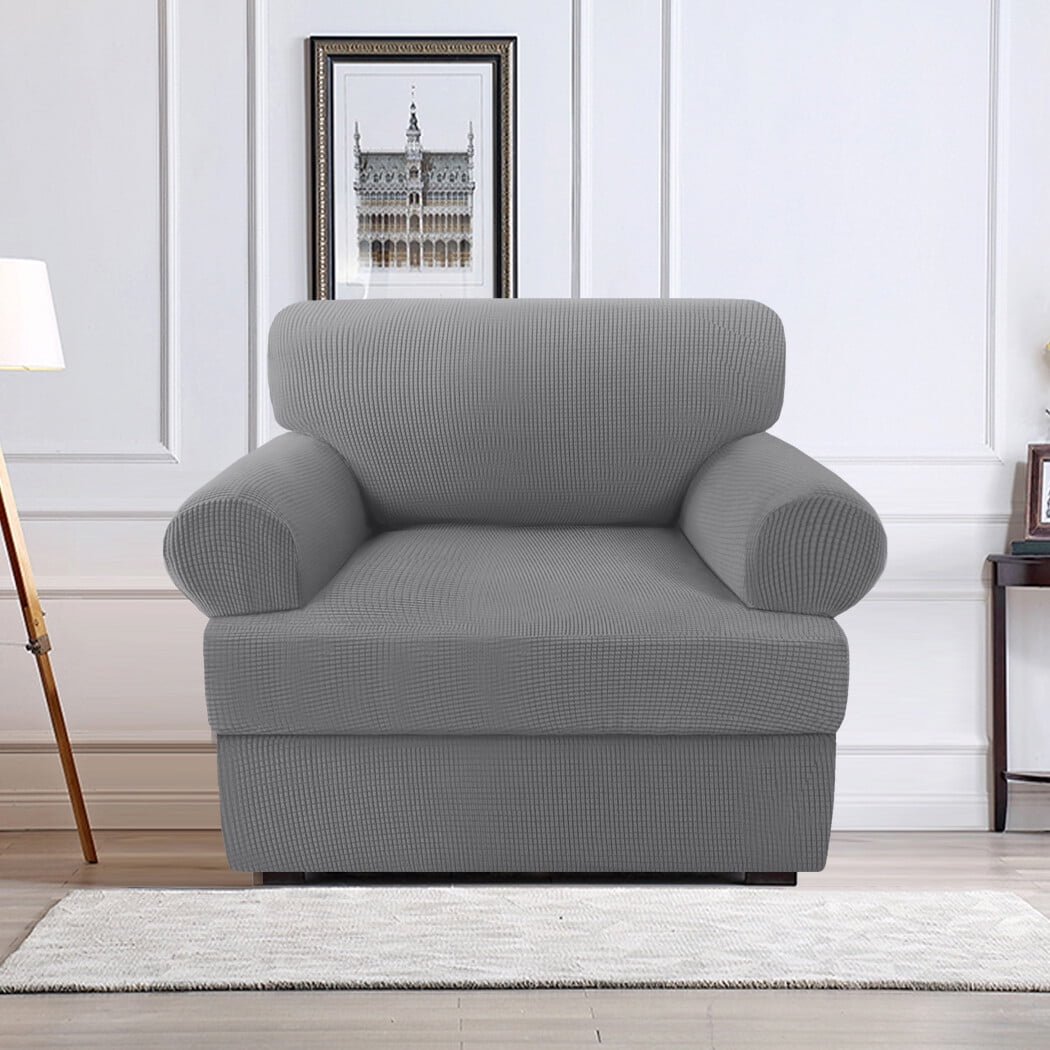 H.VERSAILTEX 4 Pieces Checkerboard Slipcovers Stretch with 3 Individual T Cushion Covers for Living Room(3 Cushion Sofa, Taupe)