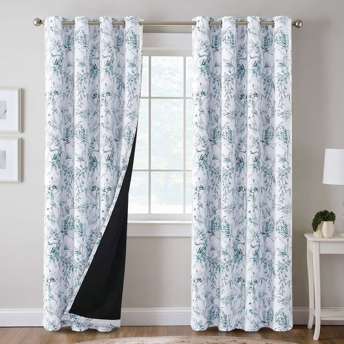 H.VERSAILTEX 100% Blackout Curtains Camellia Floral Printed Drapes Leah Floral Thermal Bedroom Curtains for Living room with Black Liner 2 Panels,52" x 96",Teal