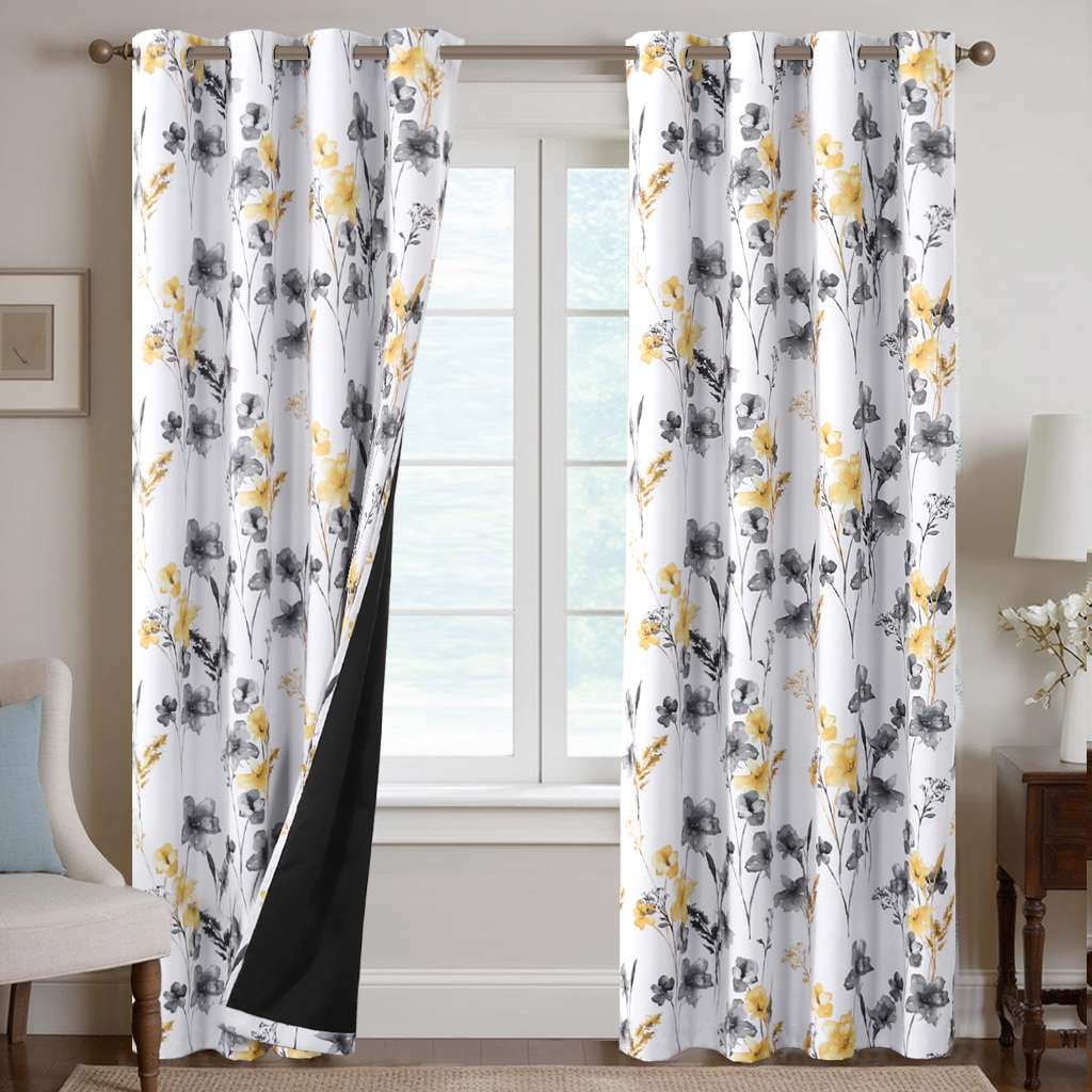 H.VERSAILTEX 100% Blackout Curtains Cattleya Floral Printed Drapes Leah Floral Thermal Bedroom Curtains for Living room with Black Liner 2 Panels,52" x 96",Grey/BLue