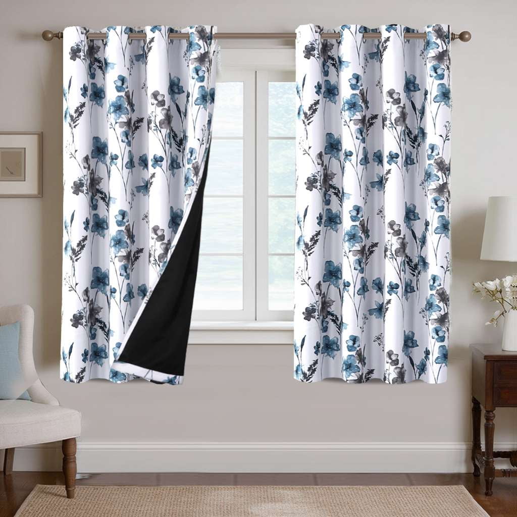 H.VERSAILTEX 100% Blackout Curtains Cattleya Floral Printed Drapes Leah Floral Thermal Bedroom Curtains for Living room with Black Liner 2 Panels,52" x 96",Grey/Teal