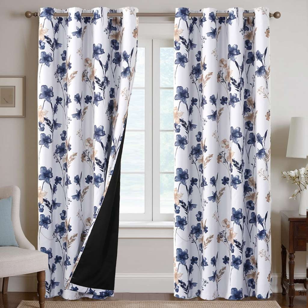 H.VERSAILTEX 100% Blackout Curtains Cattleya Floral Printed Drapes Leah Floral Thermal Bedroom Curtains for Living room with Black Liner 2 Panels,52" x 96",Grey/BLue