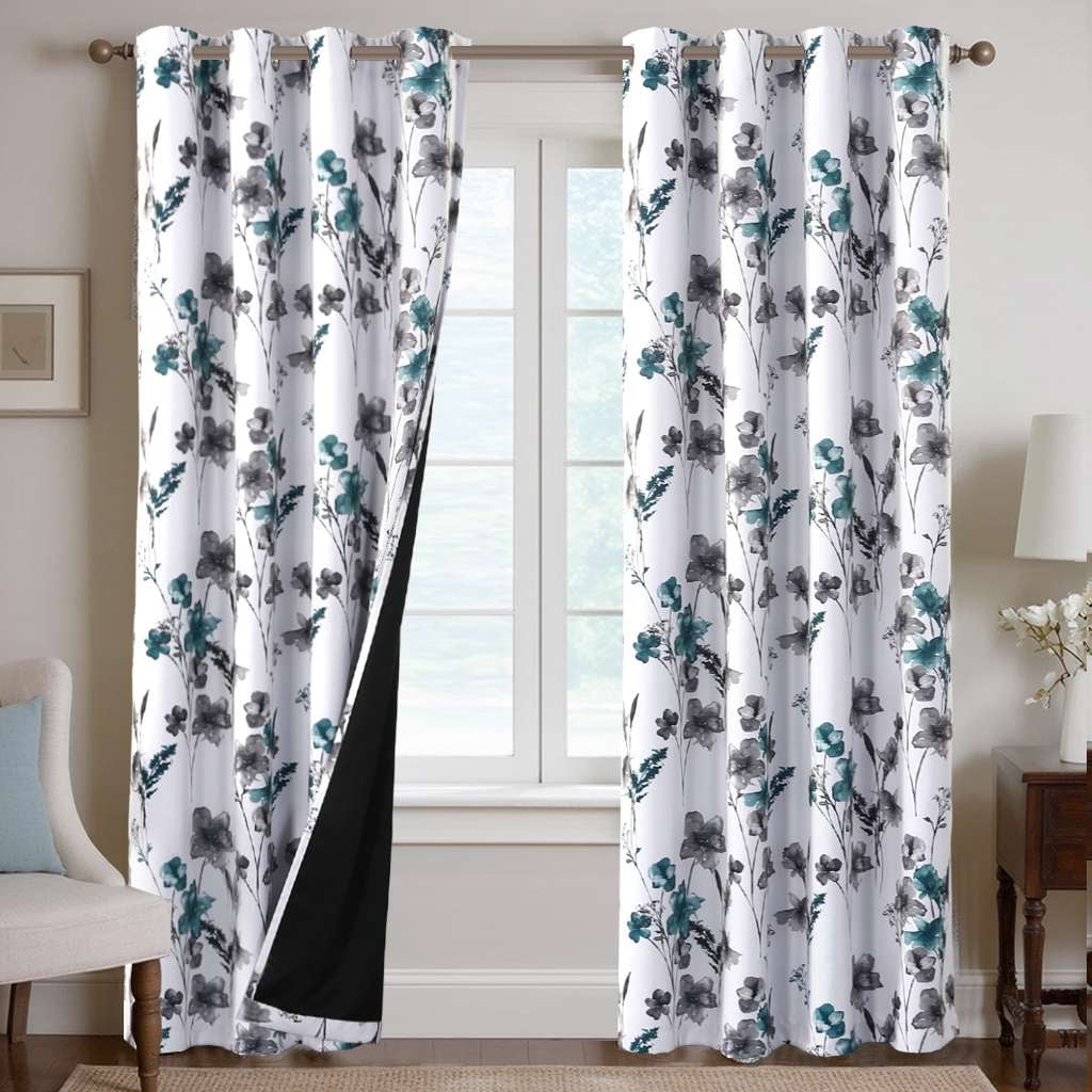 H.VERSAILTEX 100% Blackout Curtains Cattleya Floral Printed Drapes Leah Floral Thermal Bedroom Curtains for Living room with Black Liner 2 Panels,52" x 96",Grey/Teal