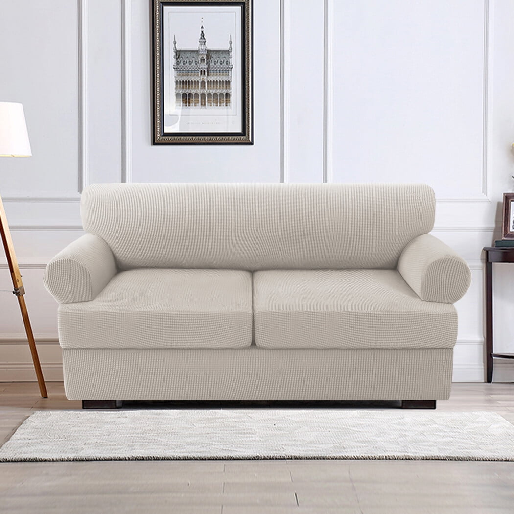 H.VERSAILTEX 4 Pieces Checkerboard Slipcovers Stretch with 3 Individual T Cushion Covers for Living Room(3 Cushion Sofa, Taupe)