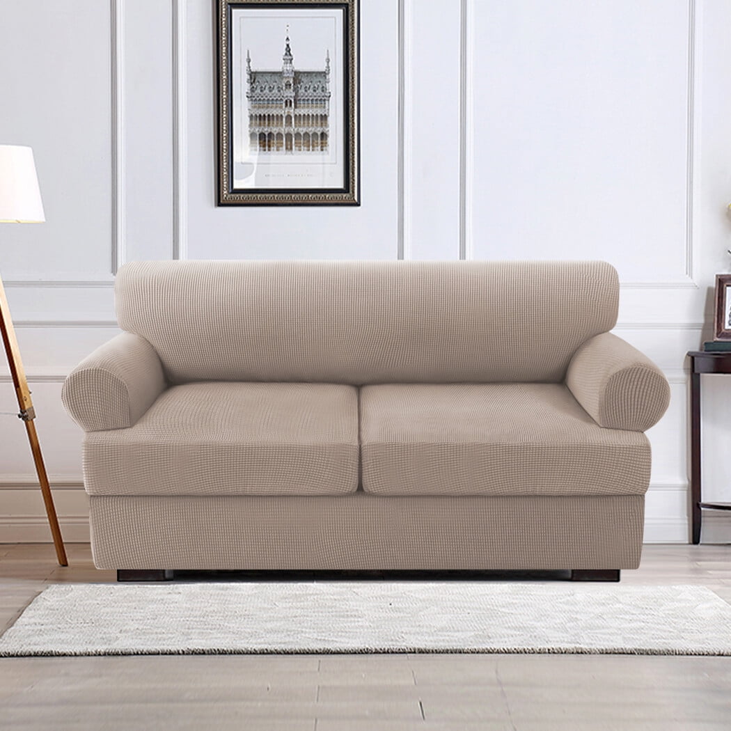 H.VERSAILTEX 4 Pieces Checkerboard Slipcovers Stretch with 3 Individual T Cushion Covers for Living Room(3 Cushion Sofa, Taupe)