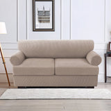 H.VERSAILTEX 4 Pieces Checkerboard Slipcovers Stretch with 3 Individual T Cushion Covers for Living Room(3 Cushion Sofa, Taupe)