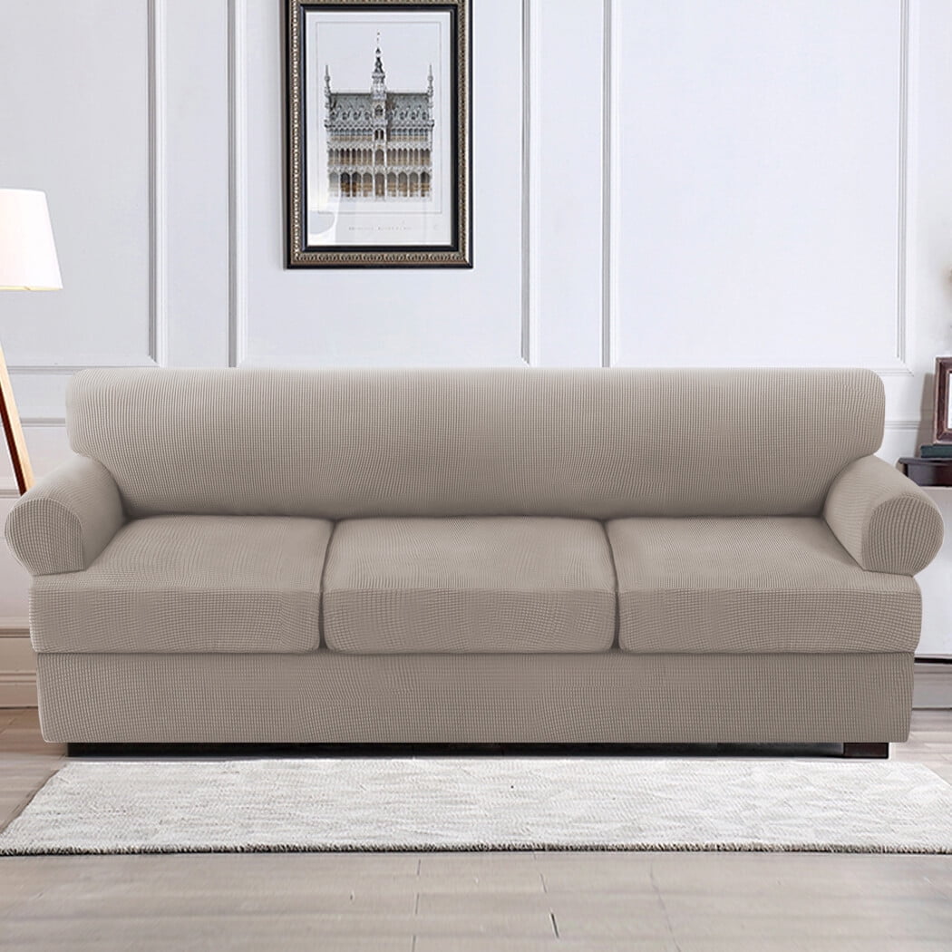 H.VERSAILTEX 4 Pieces Checkerboard Slipcovers Stretch with 3 Individual T Cushion Covers for Living Room(3 Cushion Sofa, Taupe)
