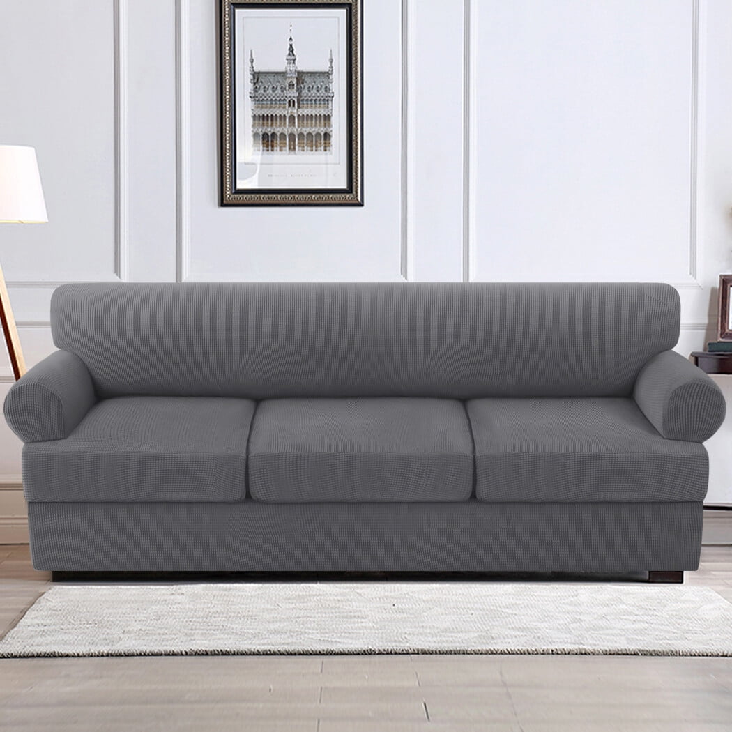 H.VERSAILTEX 4 Pieces Checkerboard Slipcovers Stretch with 3 Individual T Cushion Covers for Living Room(3 Cushion Sofa, Taupe)