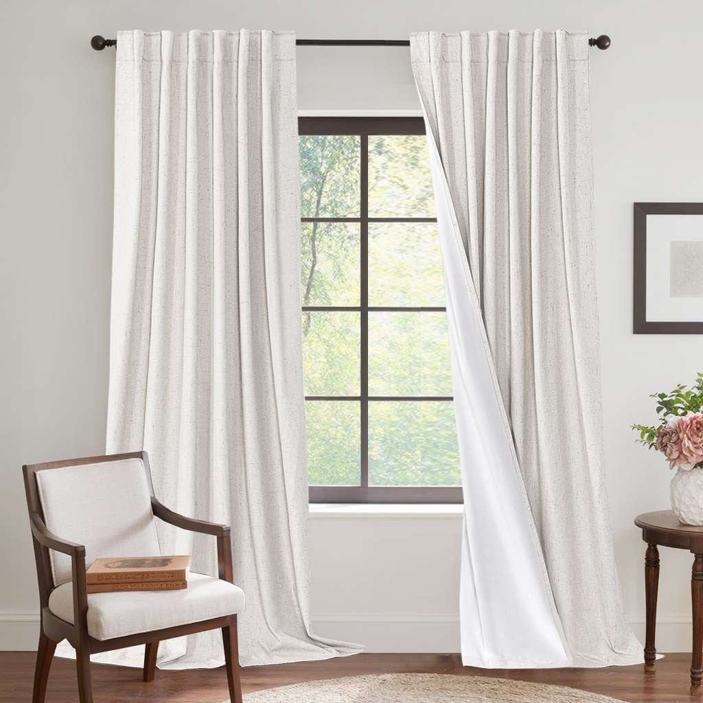 H.VERSAILTEX Contemporary Faux Linen 100% Blackout Back Tab/Rod Pocket/Hook Belt Thermal Insulated Curtain Sets for Bedroom, 2 Panels, 52"x 63", Beige