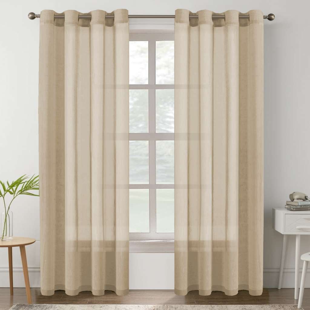 H.VERSAILTEX Farmhouse Natural Linen Sheer Curtains Flax Linen Blended Semi-Sheer Soft Grommet Drapes Set of 2 Panels for Bedroom , 52"x 96" ,Natural
