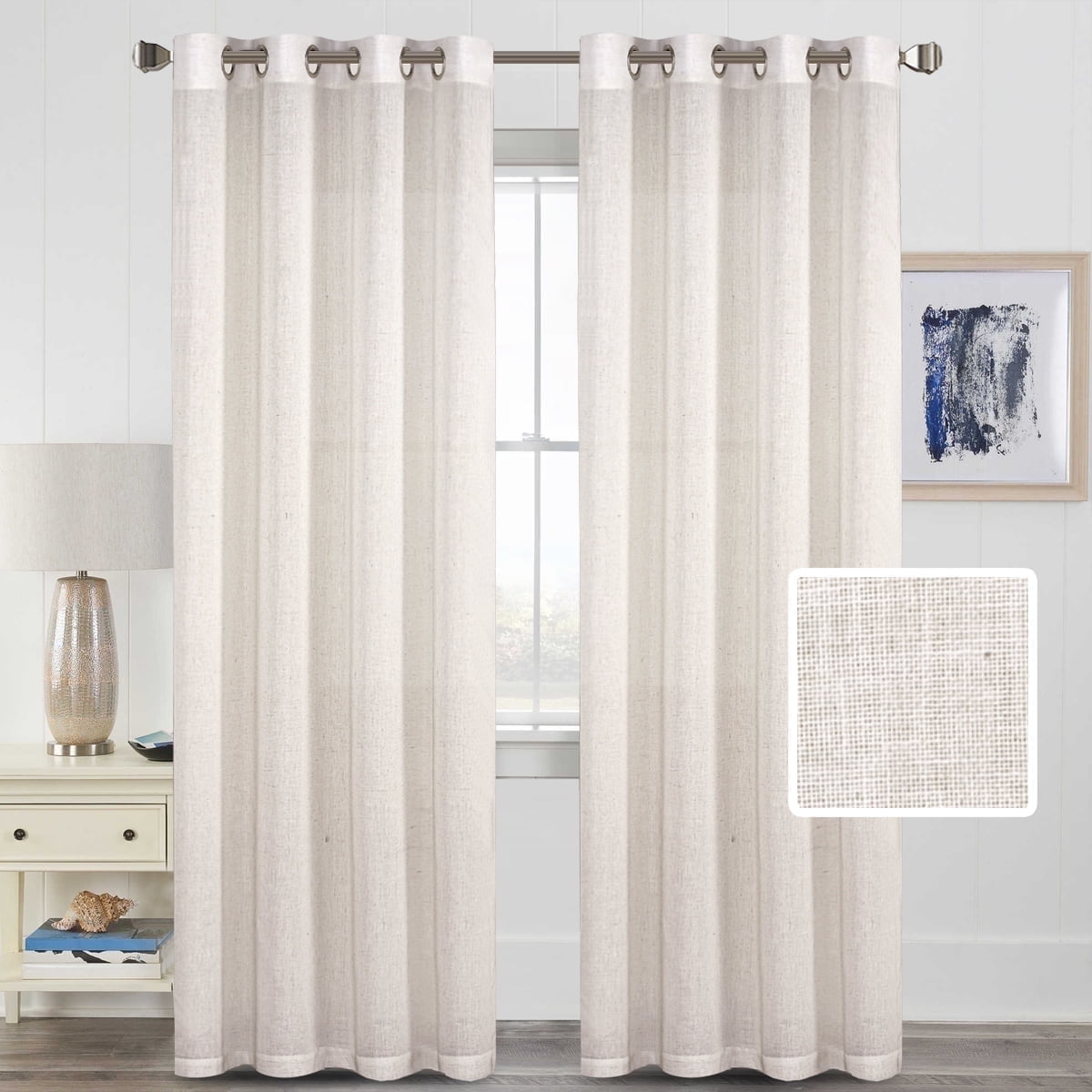 H.VERSAILTEX Linen Sheer Curtains 2 Panel Sets 96 Inch Length- Semi Transparent Privacy Sheer Vertical Curtains & Drapes for Sliding Glass Doors, Angora, 52 x 96 Inch