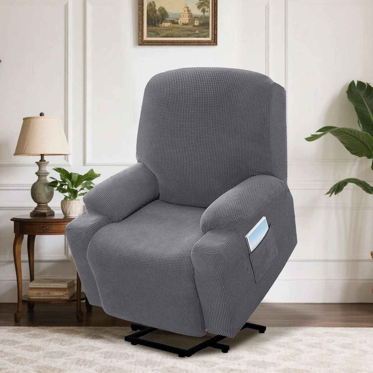 H.VERSAILTEX Slipcover Stretch Electric Power Lift Recliner Chair Cover with Side Pocket, Soft Thick Jacquard(Single Seat, Grey)