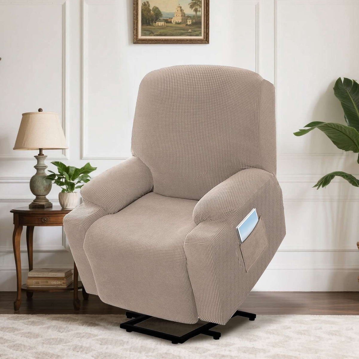 H.VERSAILTEX Slipcover Stretch Electric Power Lift Recliner Chair Cover with Side Pocket, Soft Thick Jacquard(Single Seat, Grey)