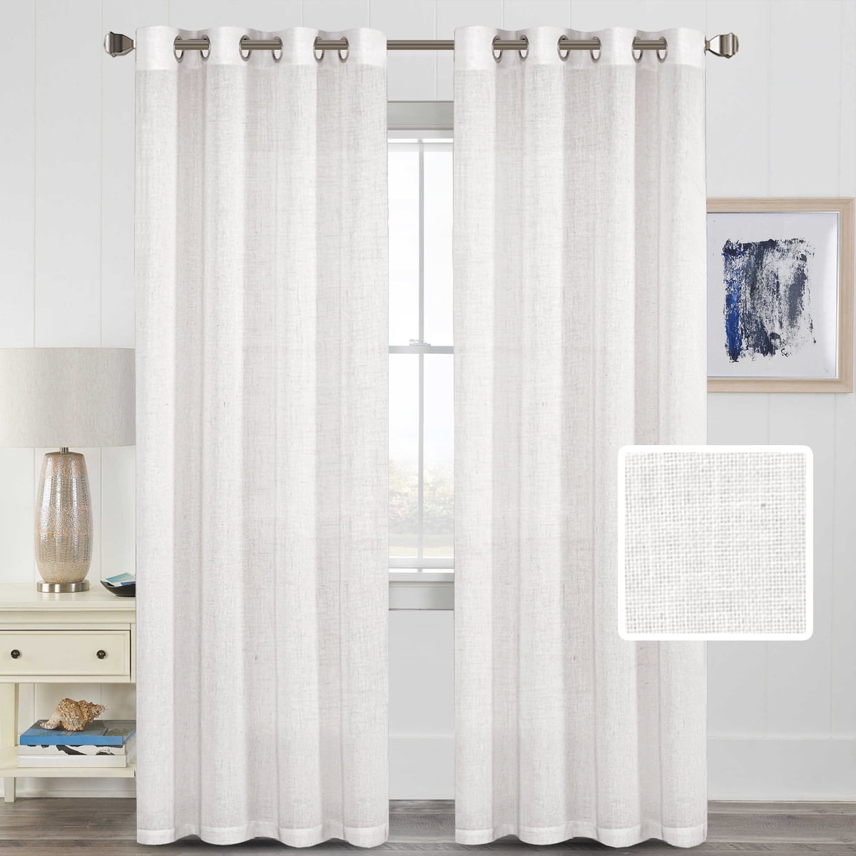 H.VERSAILTEX Linen Sheer Curtains 2 Panel Sets 96 Inch Length- Semi Transparent Privacy Sheer Vertical Curtains & Drapes for Sliding Glass Doors, Angora, 52 x 96 Inch