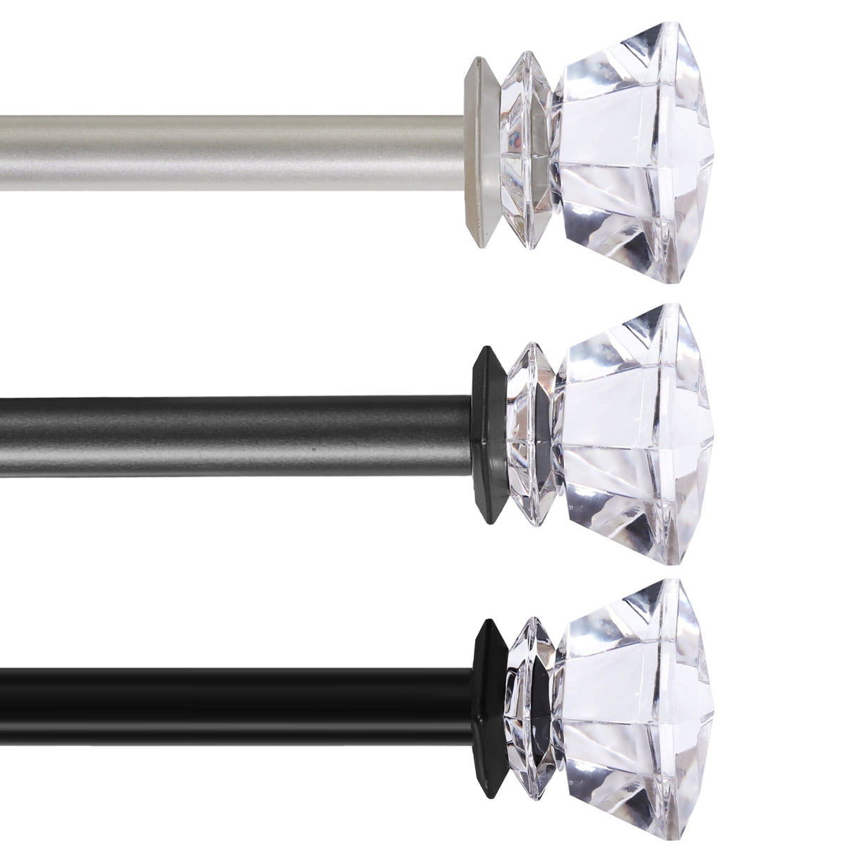 Contemporary Single Adjustable Window Curtain Rod, 3/4 Inch Diameter with Acrylic Diamond Finials,